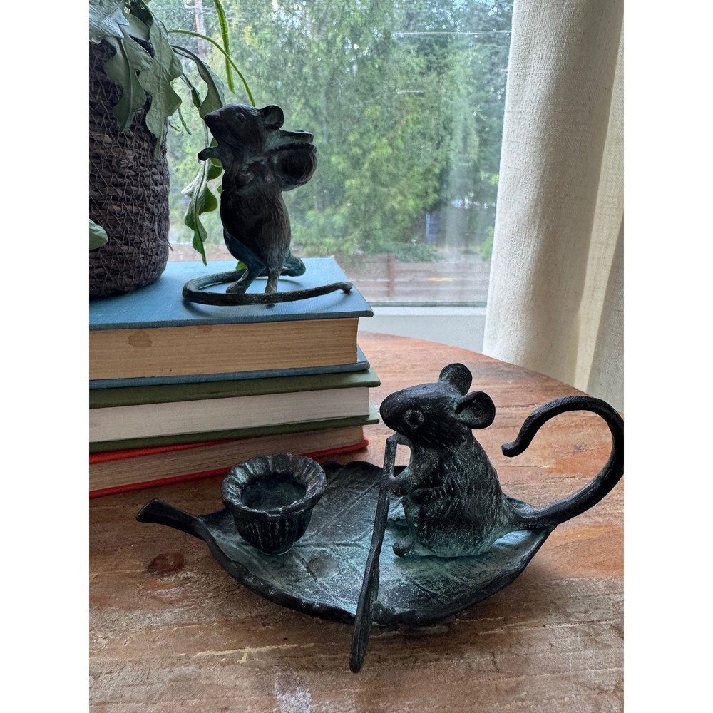 Vintage Verdigris Cast Metal Mouse Figurine Set Candle Holder Leaf Boat 2pc